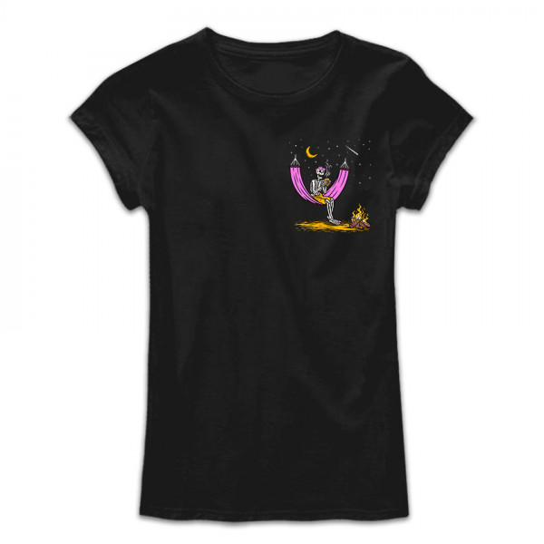 DEAD REST дамска тениска с директен цветен принт - скелет на хамак до лагерен огън -