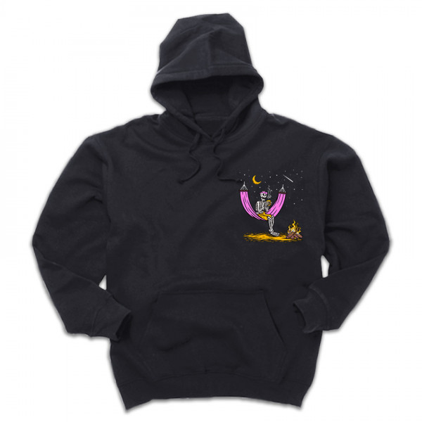 DEAD REST универсален суичър с качула и директен цветен принт - скелет на хамак до лагерен огън -