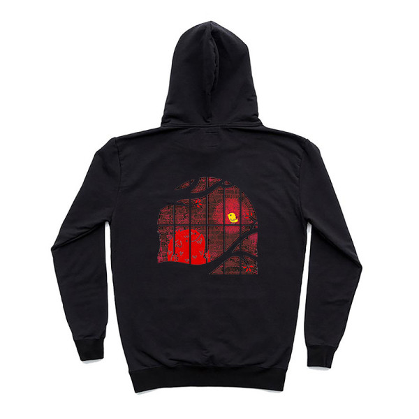 IN THE CAGE универсален суичър с качулка - червено чудовище в клетка и неговото приятелче жълто пиленце